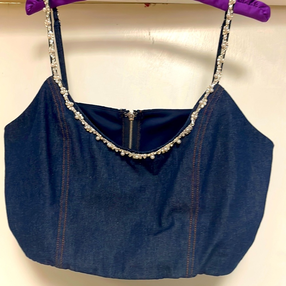 Denim Crop Top with Pearls & Rhinestones